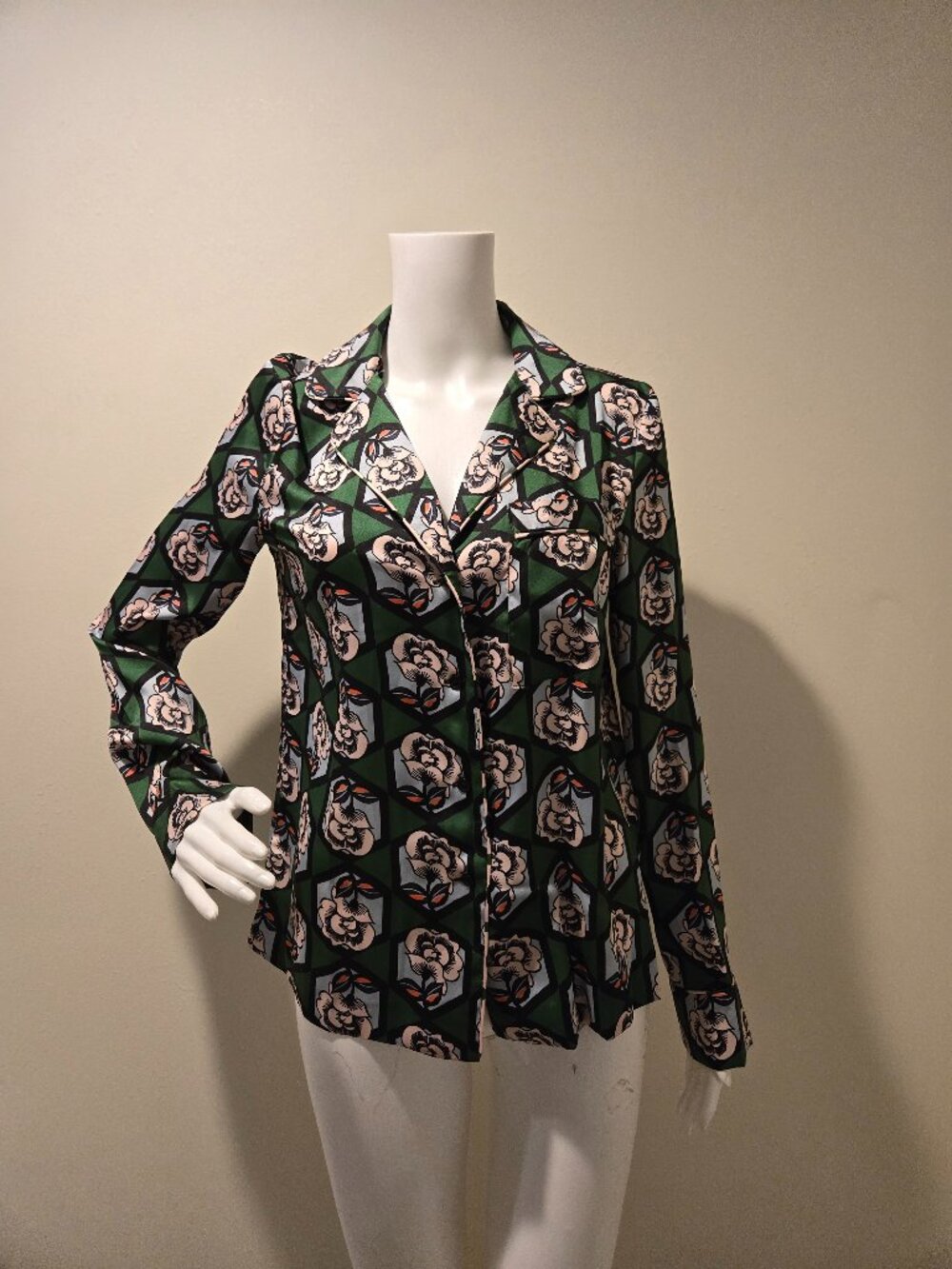Milly Silky Pajama Top Blouse Floral Print Green 2
